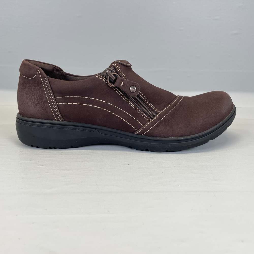 Clarks Carleigh Ray Shoes Womens Size 9 M Brown Leather Side Zip Comfort Loafers